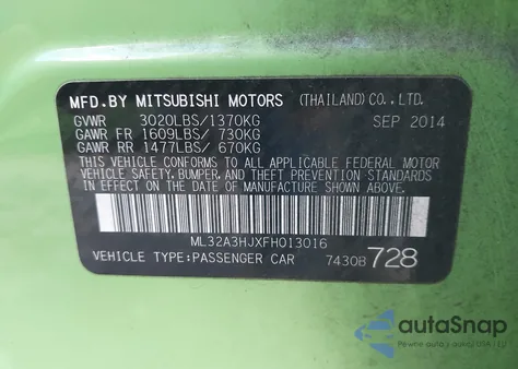 2015 Mitsubishi Mirage De z USA, uszkodzony, nr VIN ML32A3HJXFH013016